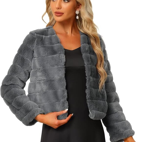 Allegra K Women's Winter Warm Cropped Jacket Collarless Faux Fur Fluffy Coat - Picture 1 of 5